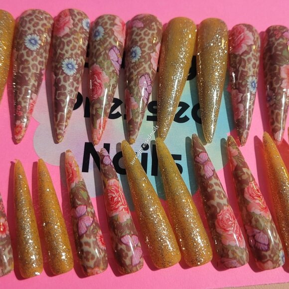 Floral Orange Shimmer Leopard Print Stiletto Press on Nails - Picture 1 of 4